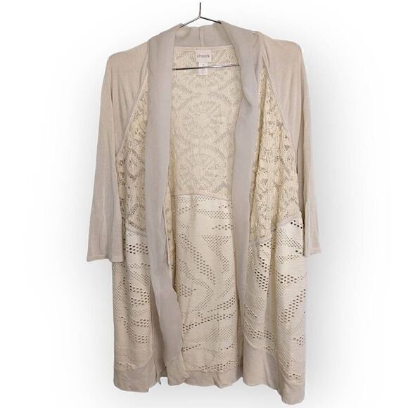 Chicos Womens Sweater Sz Medium Crochet‎ Knitted Coverup Cardigan Cottagecore - Picture 1 of 13